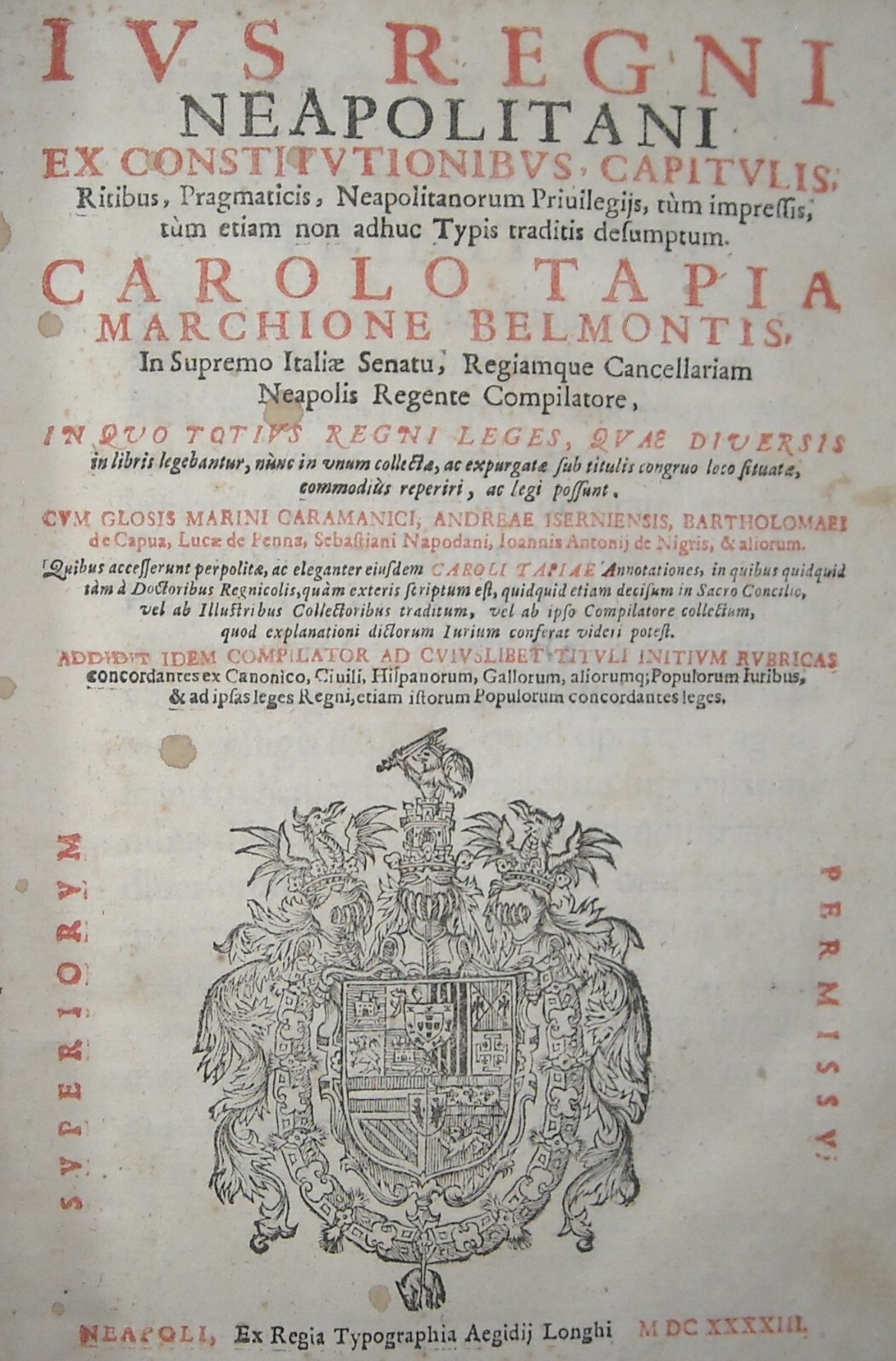Campania, Giuridica: Prammatiche Napoletane, Tapia, Edizione 1643, Legatura In Pergamena