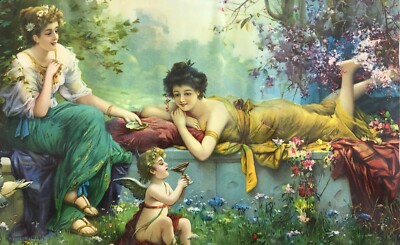 Cromolitografia Liberty Con Giovani Donne E Amorino