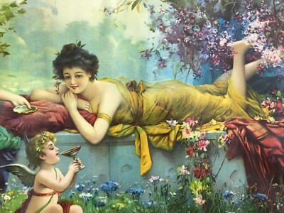 Cromolitografia Liberty Con Giovani Donne E Amorino