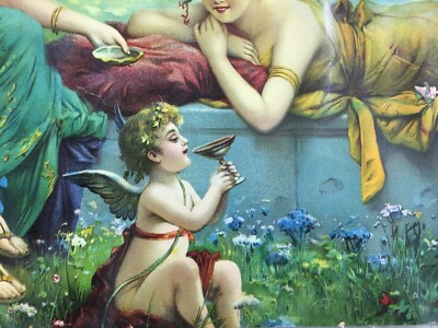 Cromolitografia Liberty Con Giovani Donne E Amorino