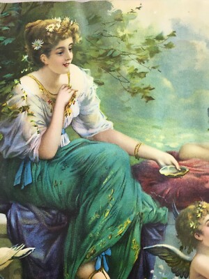 Cromolitografia Liberty Con Giovani Donne E Amorino