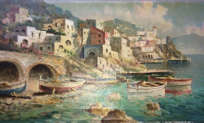 Marina d'Amalfi. Paesaggio Costiero, Dipinto A Olio Su Tela