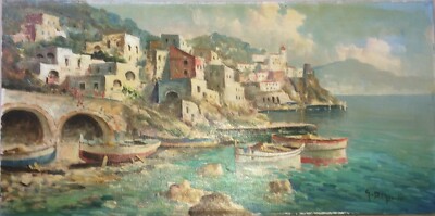 Marina d'Amalfi. Paesaggio Costiero, Dipinto A Olio Su Tela