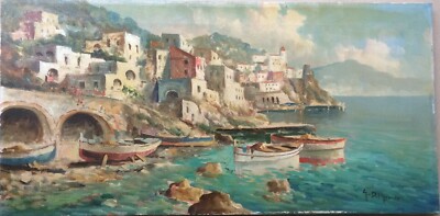 Marina d'Amalfi. Paesaggio Costiero, Dipinto A Olio Su Tela