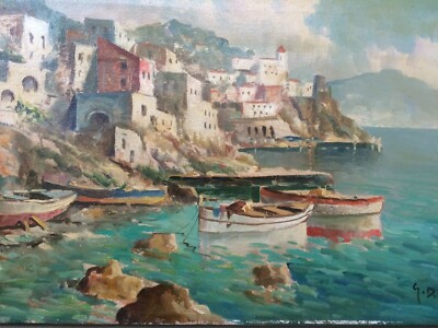 Marina d'Amalfi. Paesaggio Costiero, Dipinto A Olio Su Tela