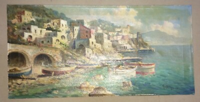 Marina d'Amalfi. Paesaggio Costiero, Dipinto A Olio Su Tela