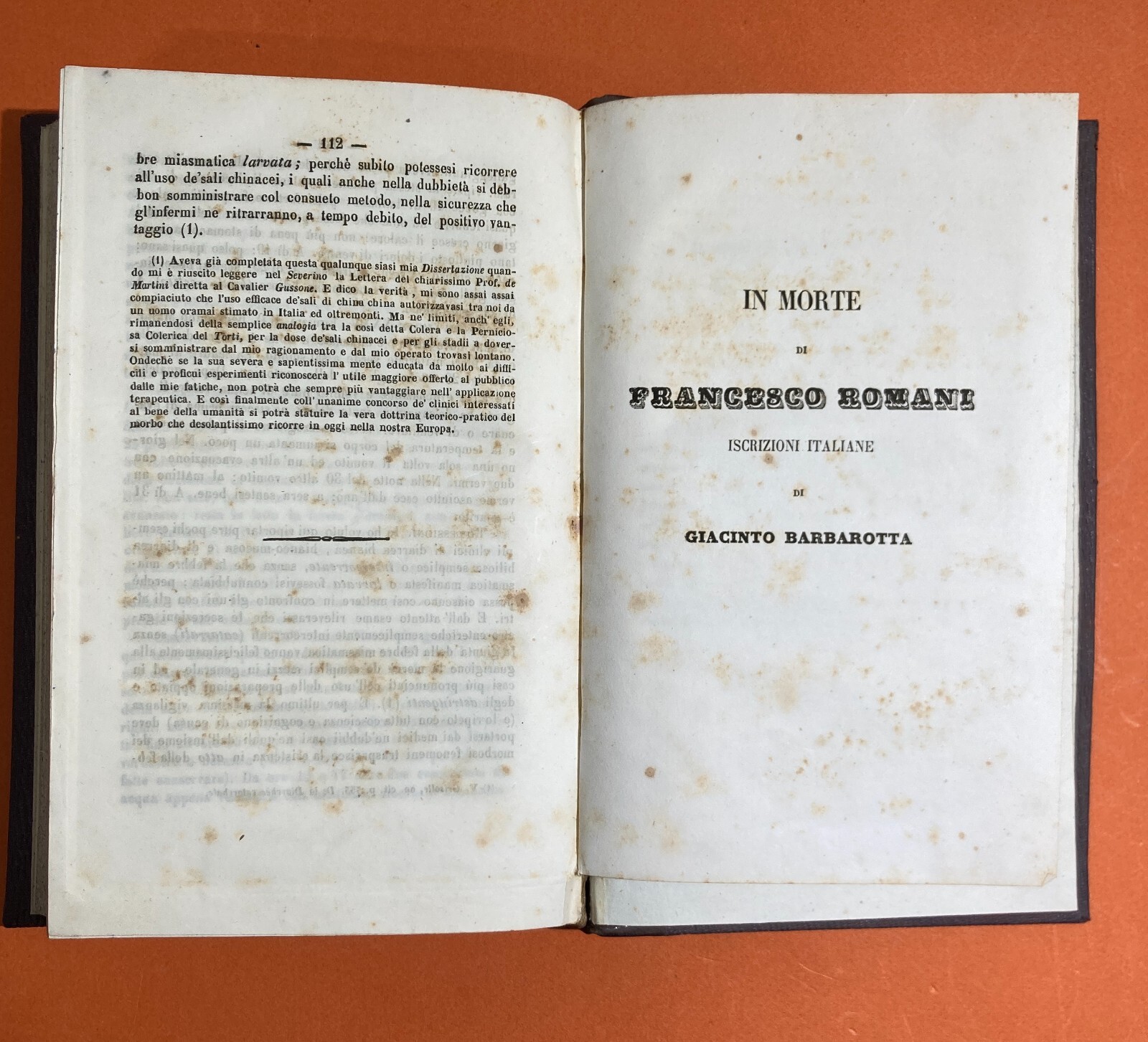 Medicina: Febbri Perniciose, Colera E Casi Clinici A Vasto (Abruzzo). Opere Di Giacinto Barbarotta, 1856 1858