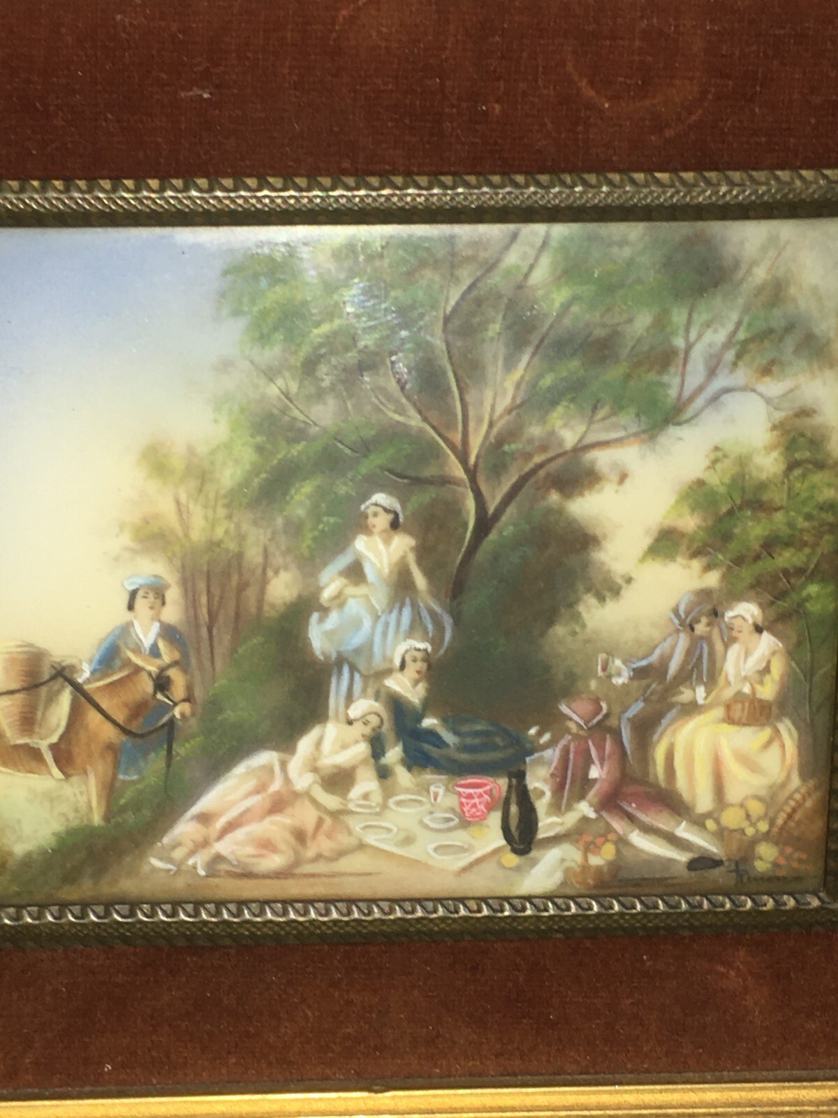 Miniatura Dipinta Con Scena Di Picnic E Donne In Abito d'Epoca