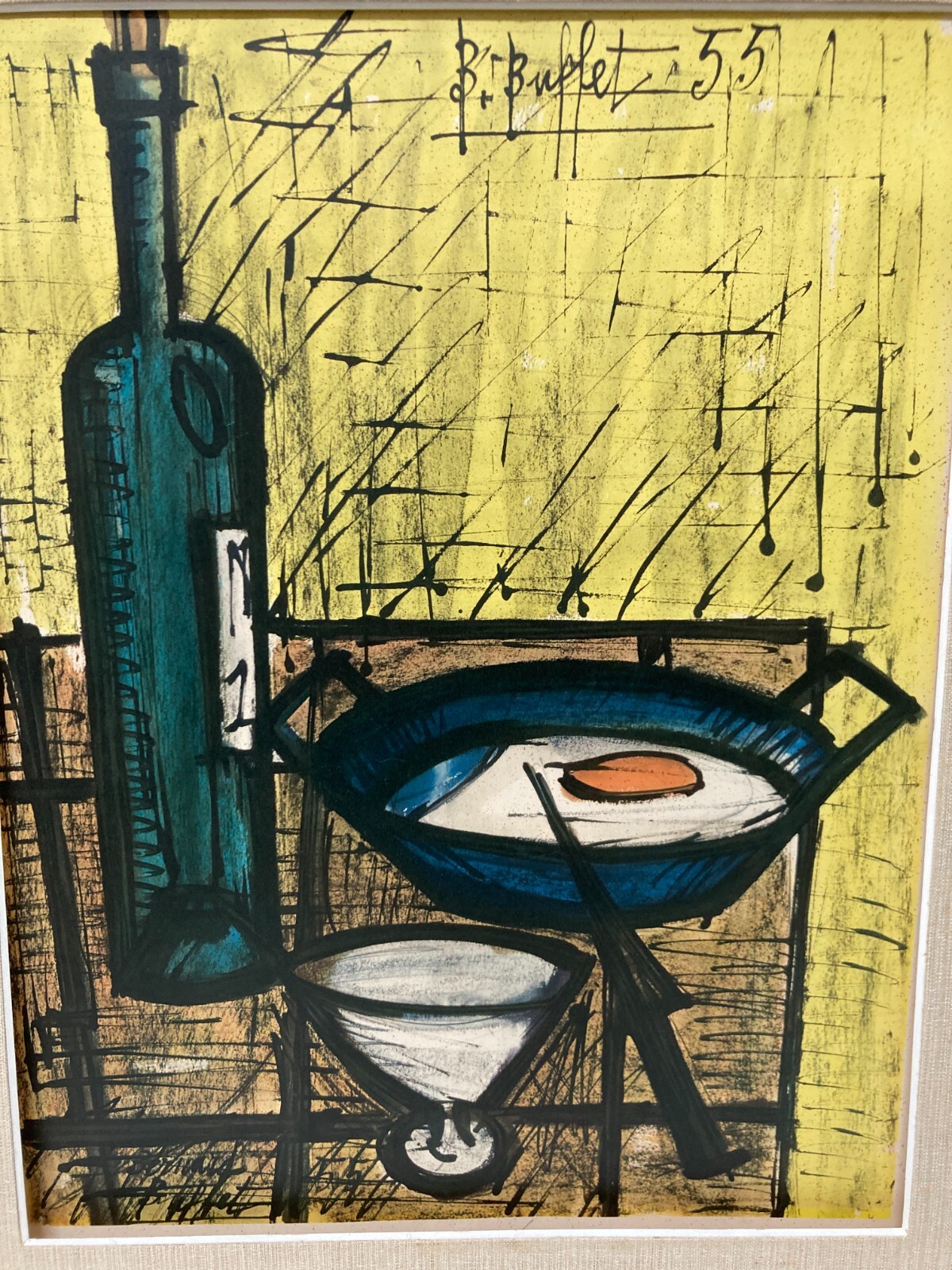Arte Contemporanea. Bernard Buffet: Natura Morta Con Tegamino E Uova. Grafica, 1955