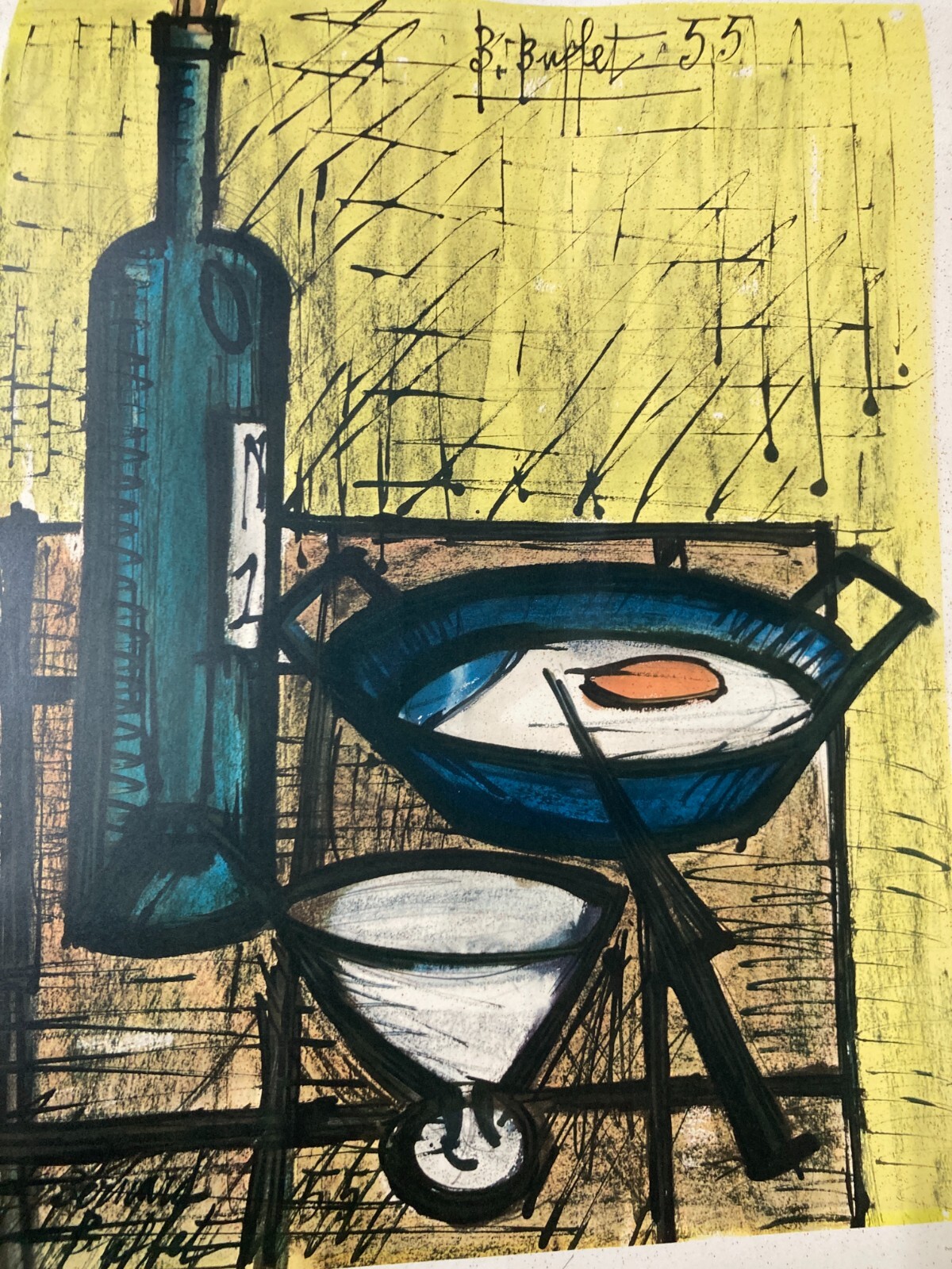 Arte Contemporanea. Bernard Buffet: Natura Morta Con Tegamino E Uova. Grafica, 1955