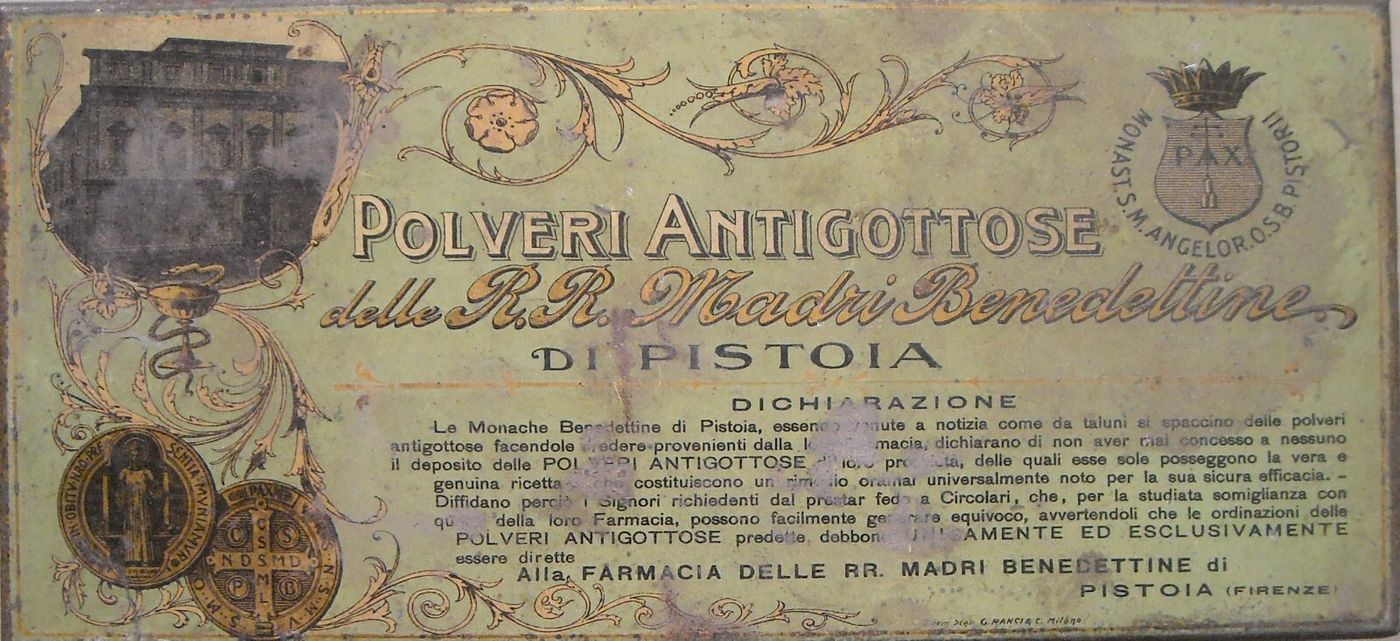 Scatola Pubblicitaria Farmacia: Polveri Antigottose Delle Madri Benedettine Di Pistoia
