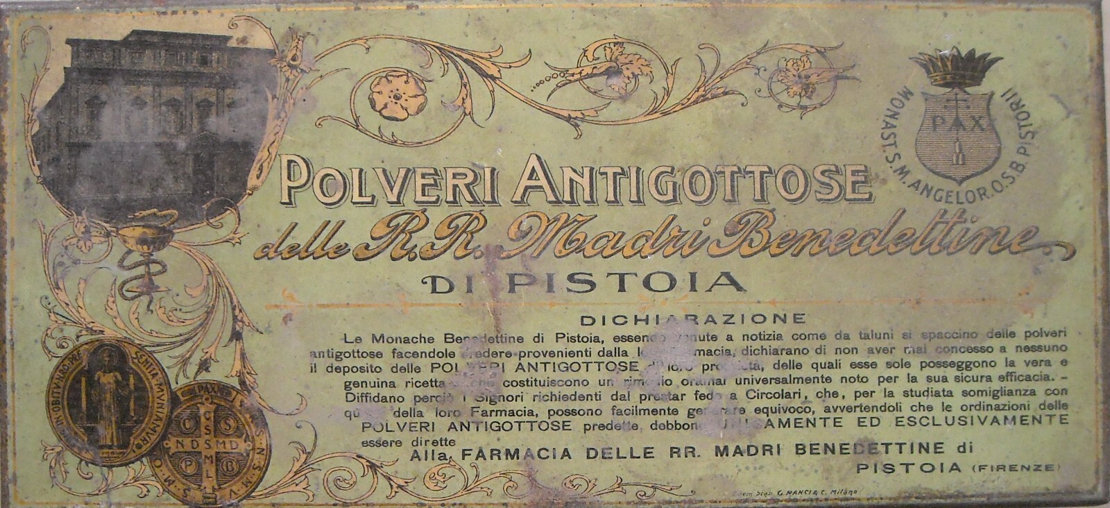 Scatola Pubblicitaria Farmacia: Polveri Antigottose Delle Madri Benedettine Di Pistoia