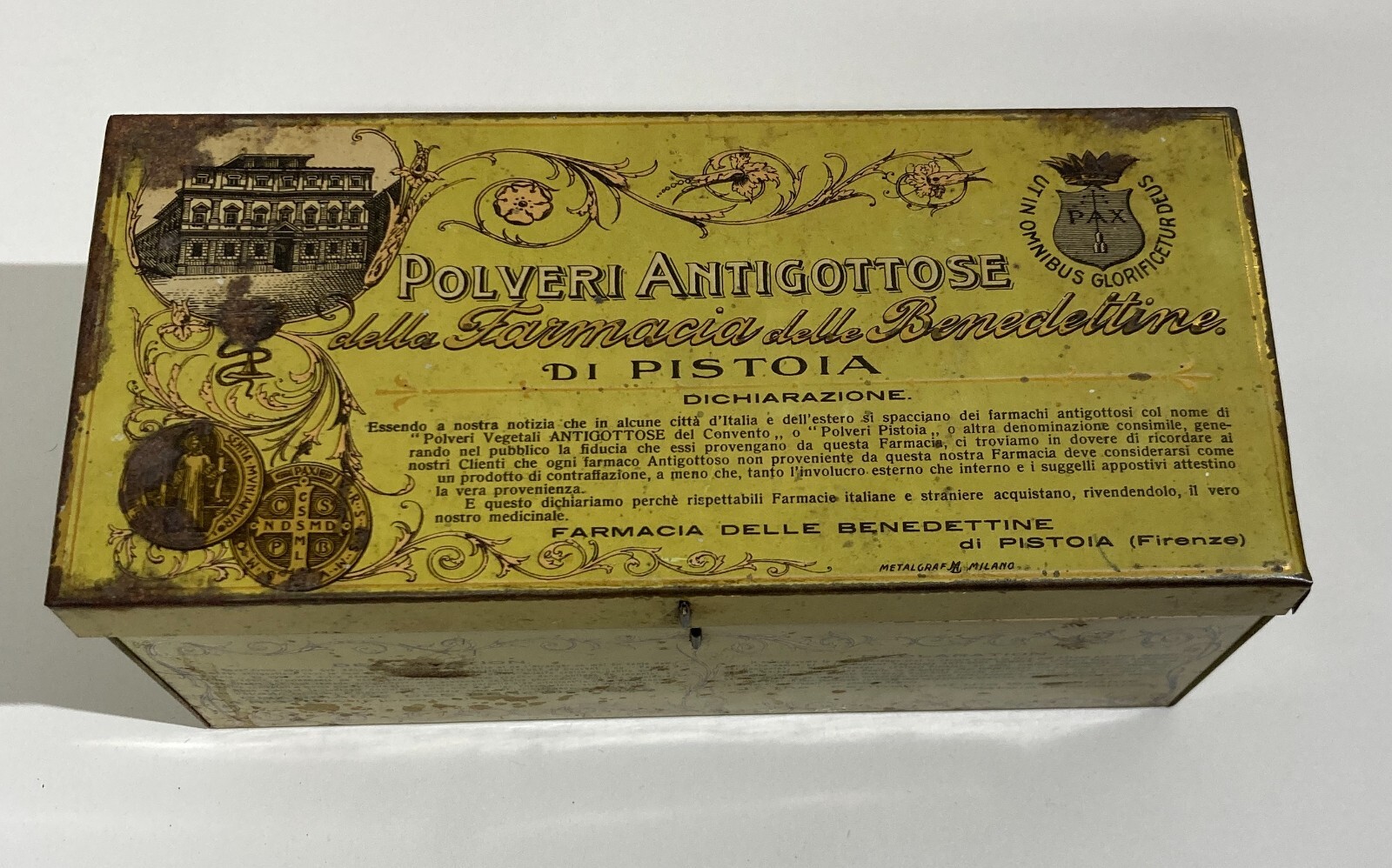 Scatola In Latta Metalgraf, Polveri Antigottose Farmacia Delle Benedettine Di Pistoia