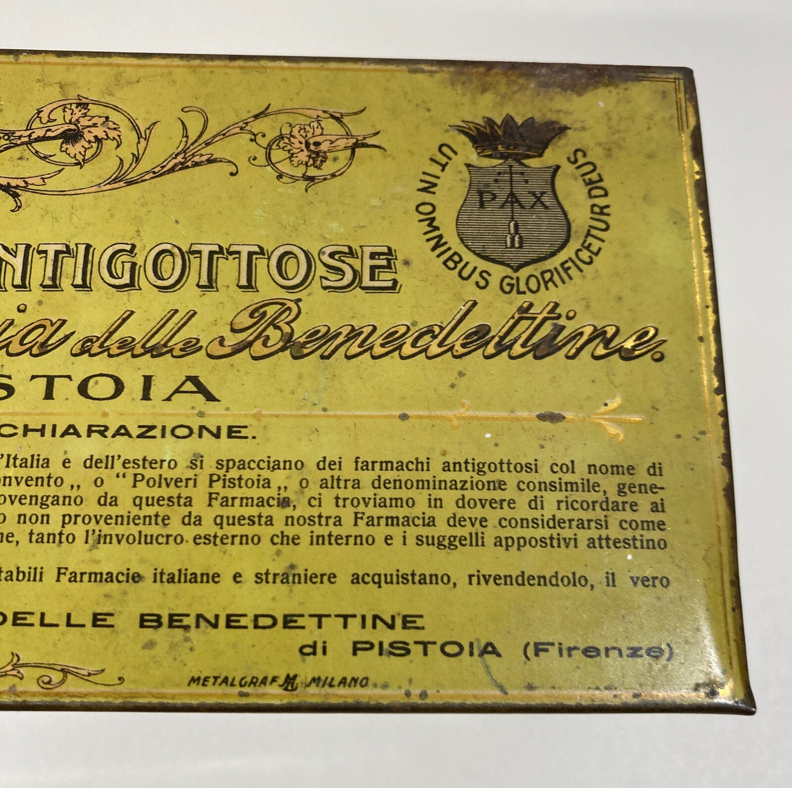 Scatola In Latta Metalgraf, Polveri Antigottose Farmacia Delle Benedettine Di Pistoia