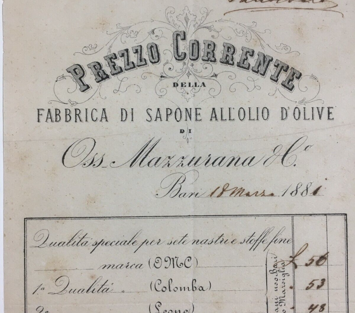 Puglia, Bari: Antica Stampa Pubblicitaria Mazzurana, Saponificio All'Olio d'Oliva, 1881