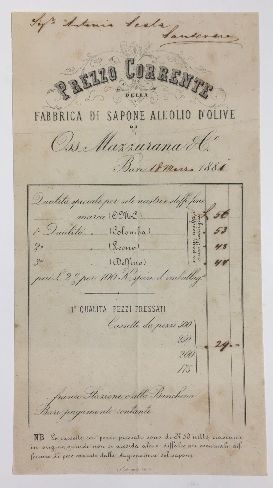 Puglia, Bari: Antica Stampa Pubblicitaria Mazzurana, Saponificio All'Olio d'Oliva, 1881