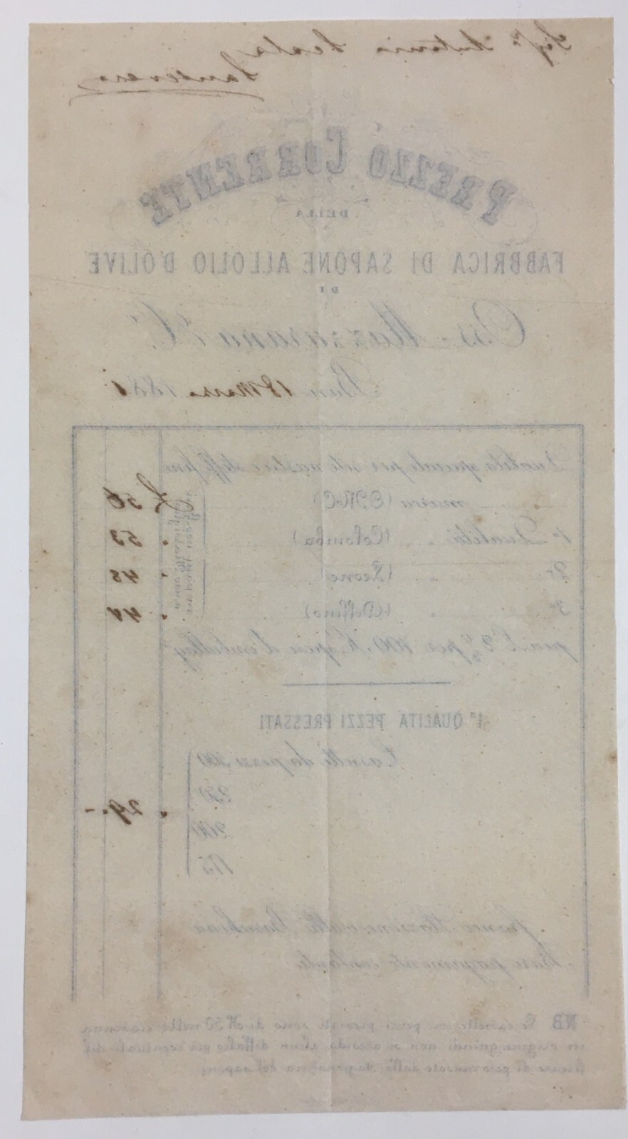Puglia, Bari: Antica Stampa Pubblicitaria Mazzurana, Saponificio All'Olio d'Oliva, 1881