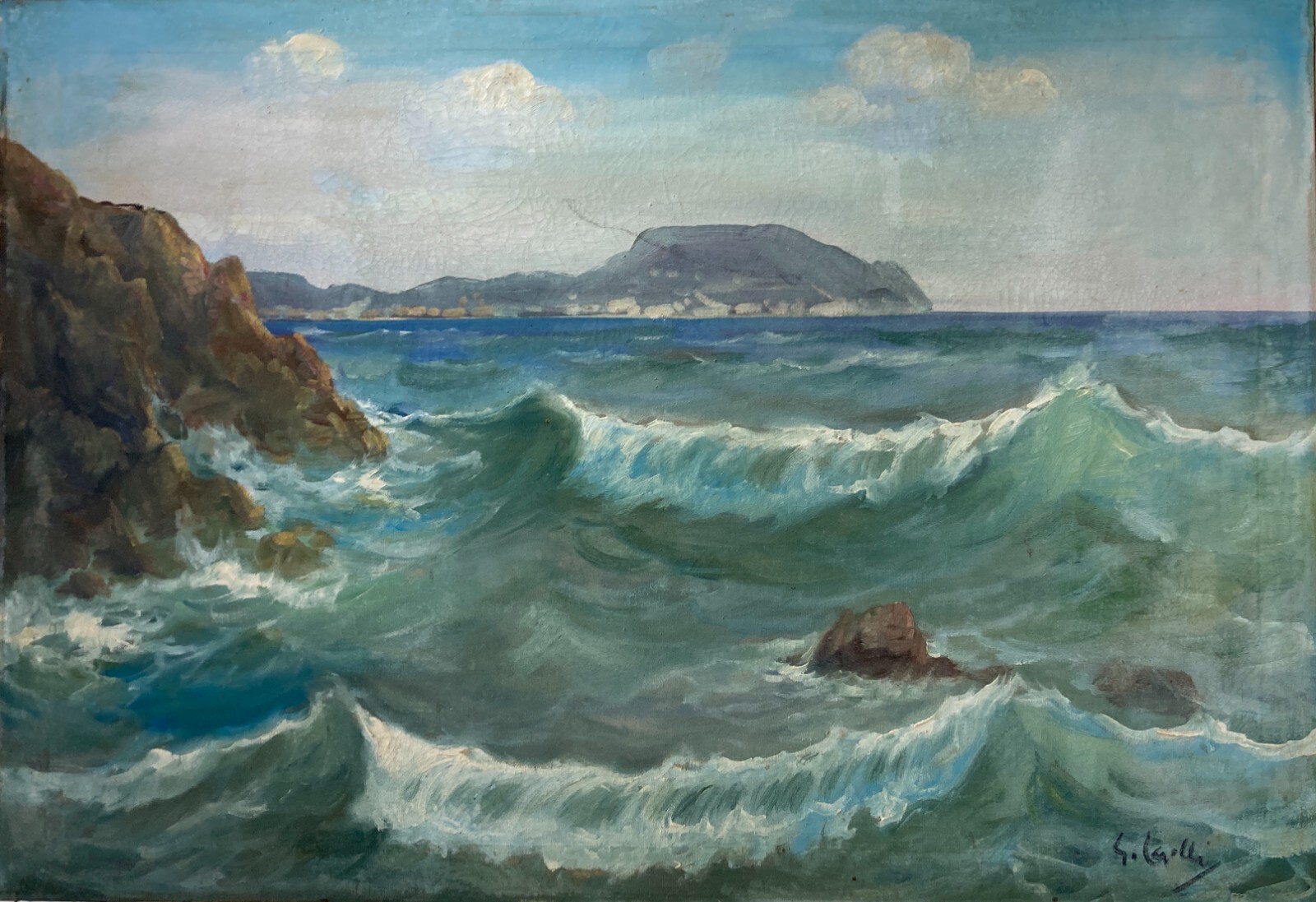 Arte Decorativa Del '900: Grande Dipinto Originale, Marina Panoramica Di Giuseppe Caselli