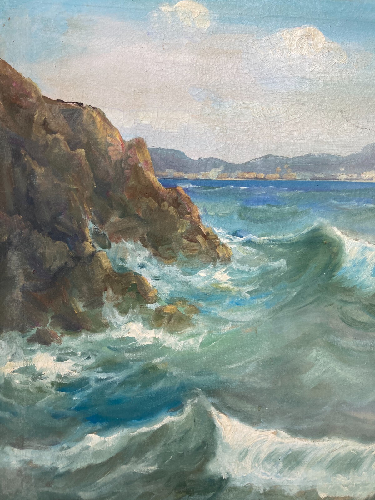 Arte Decorativa Del '900: Grande Dipinto Originale, Marina Panoramica Di Giuseppe Caselli