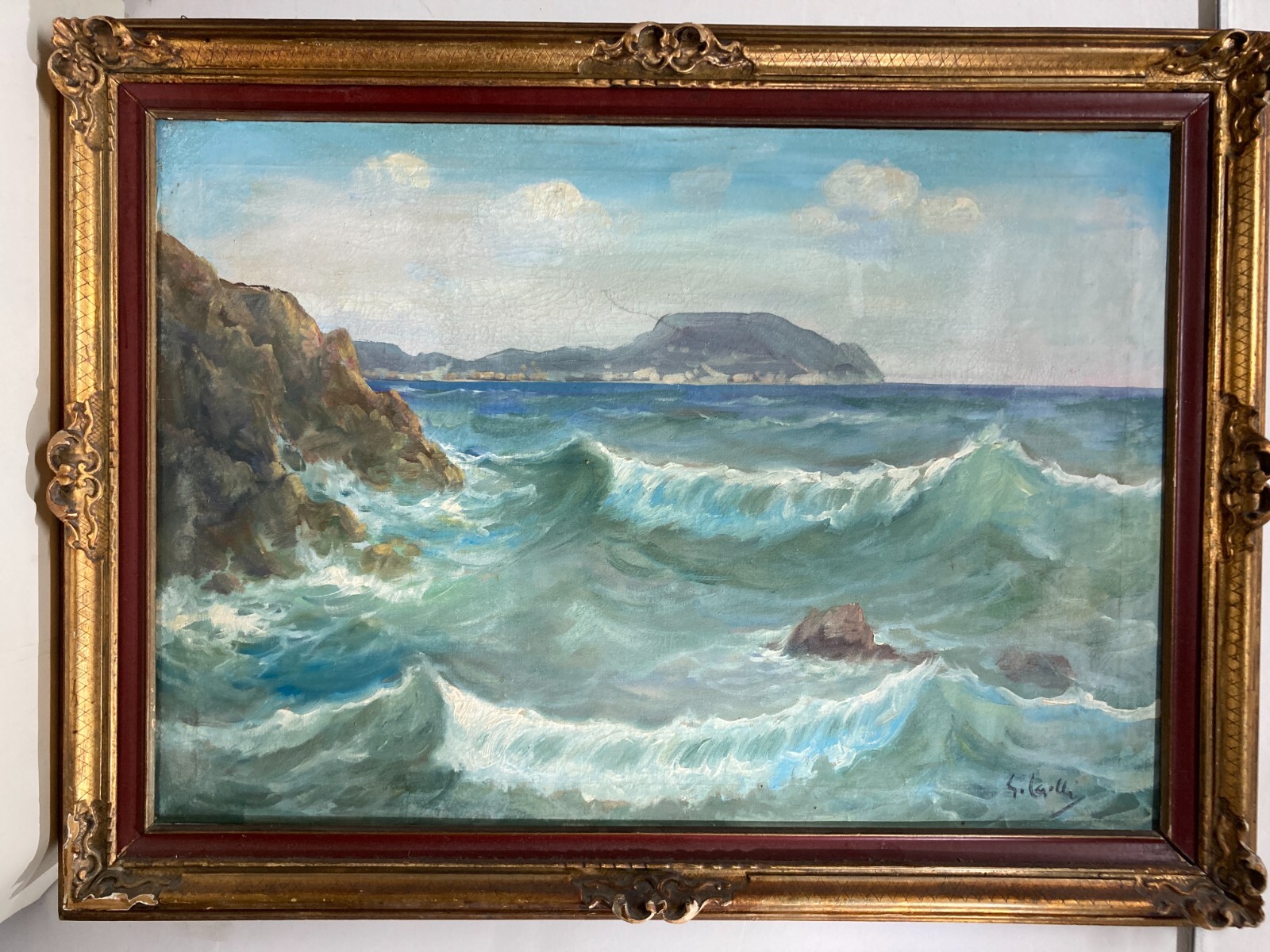 Arte Decorativa Del '900: Grande Dipinto Originale, Marina Panoramica Di Giuseppe Caselli