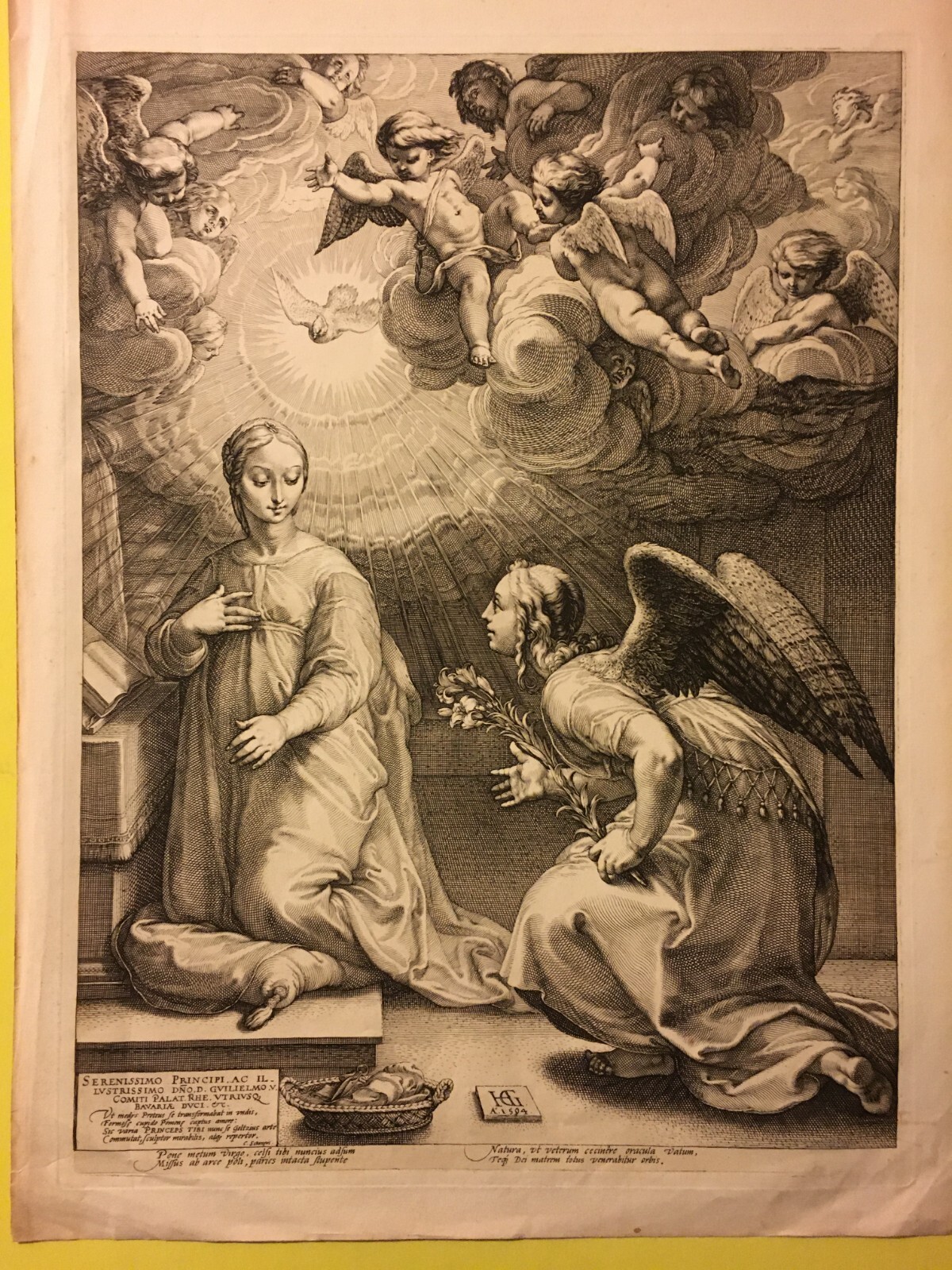 Antica Stampa Popolare Devozionale: Annunciazione. Grande Incisione Da Hendrick Goltzius