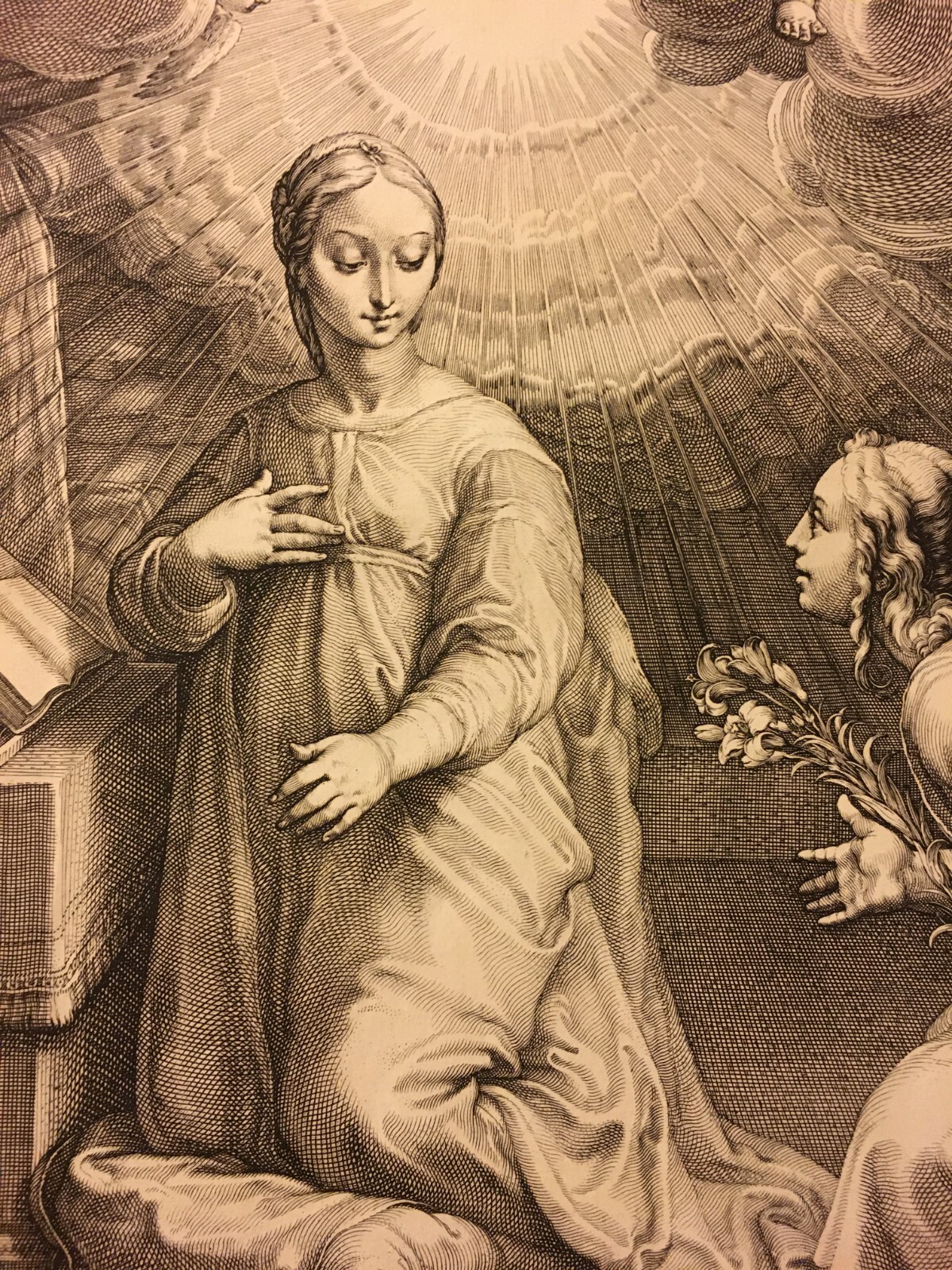 Antica Stampa Popolare Devozionale: Annunciazione. Grande Incisione Da Hendrick Goltzius