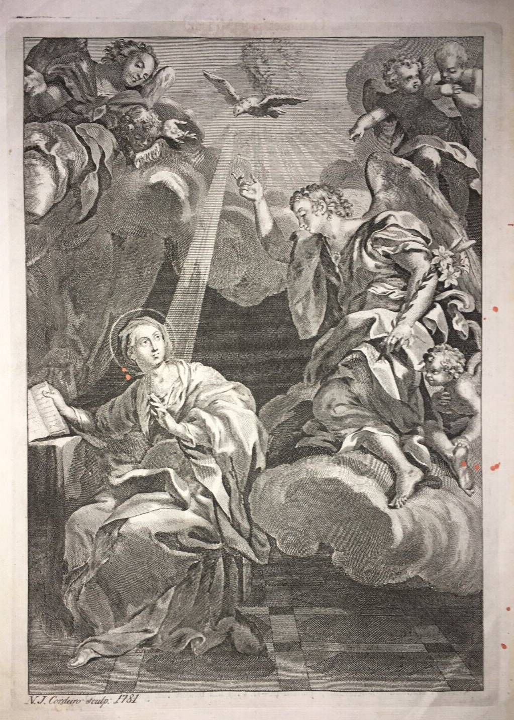 Arte Devozionale: Annunciazione. Antica Incisione Originale Di N. J. Cordeiro, 1781