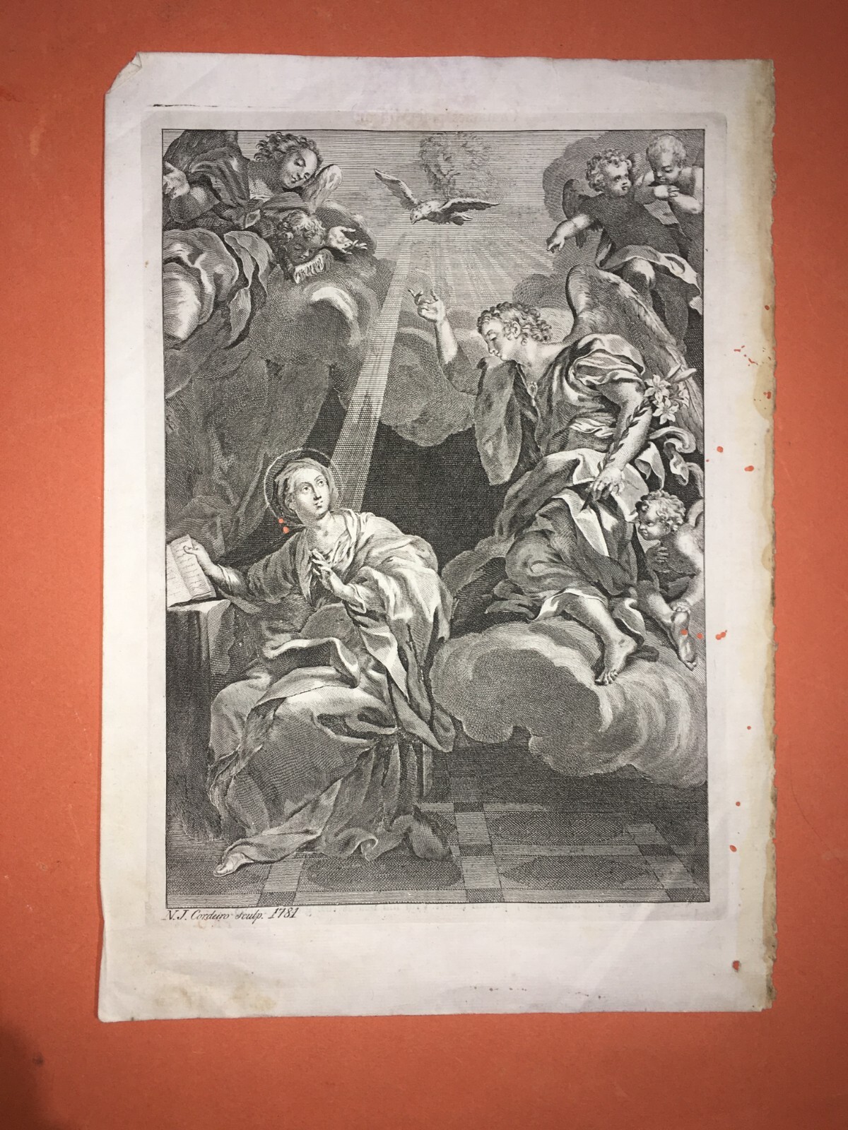 Arte Devozionale: Annunciazione. Antica Incisione Originale Di N. J. Cordeiro, 1781