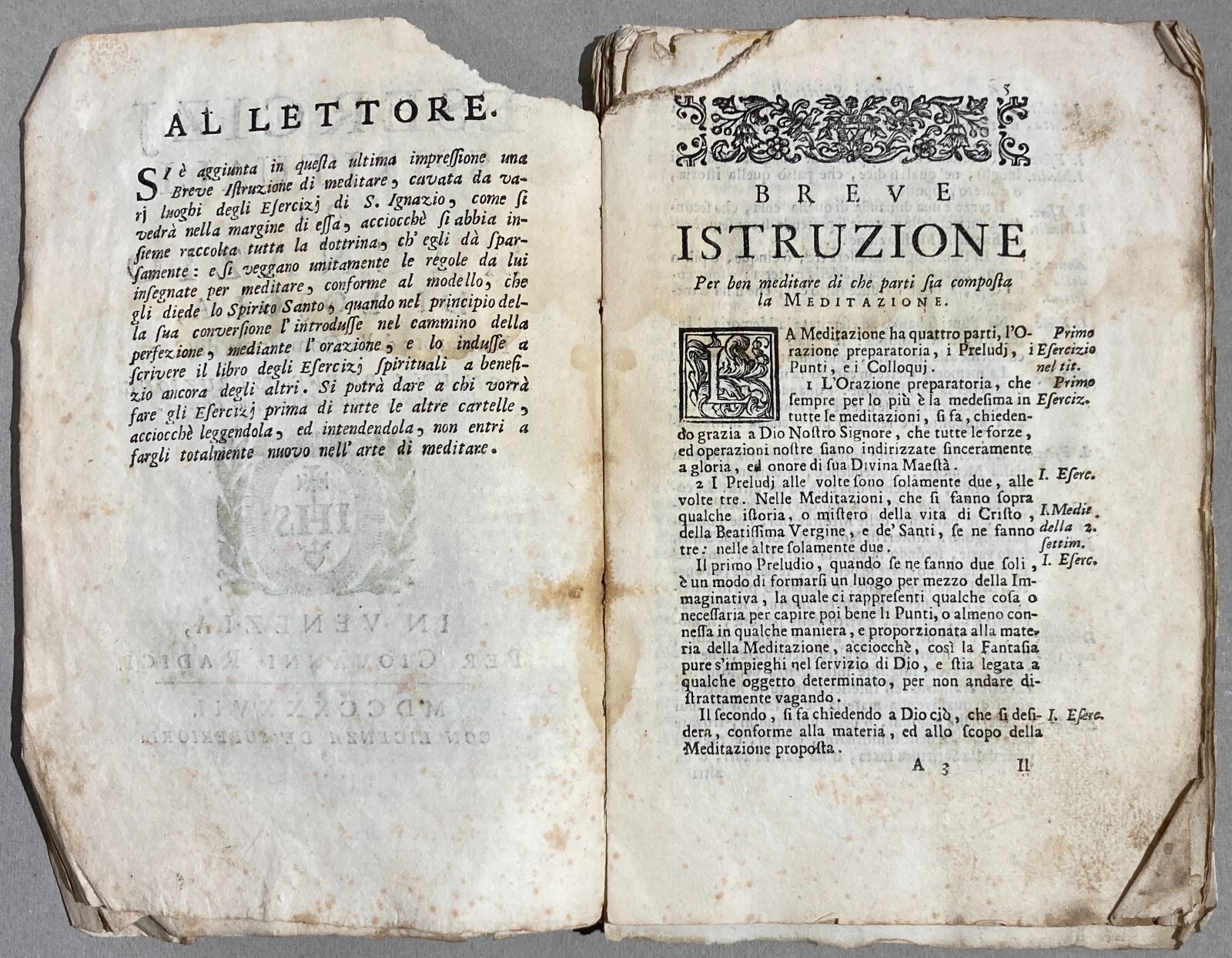 Esercizi Spirituali Di S. Ignazio Di Lojola, Venezia, G. Radici, 1737