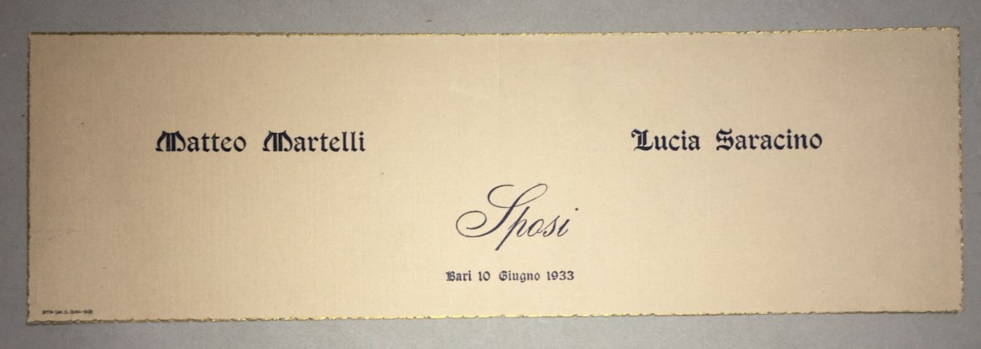 Puglia, Bari: Invito A Nozze Martelli Saracino, 1933