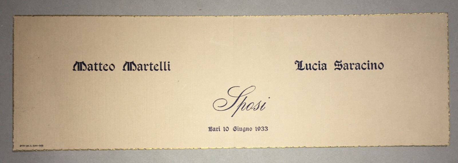 Puglia, Bari: Invito A Nozze Martelli Saracino, 1933