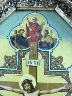 Stampa Popolare Devozionale: Cristo Crocifisso E I Santi Apostoli. Antica Cromolitografia