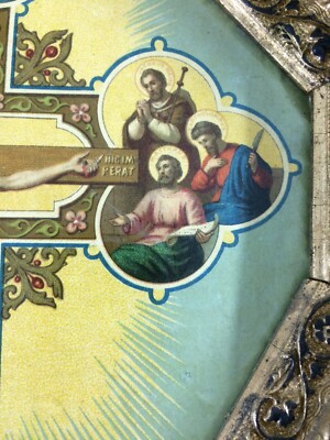 Stampa Popolare Devozionale: Cristo Crocifisso E I Santi Apostoli. Antica Cromolitografia