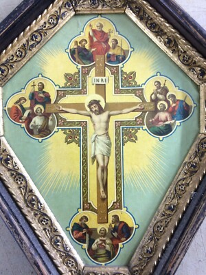 Stampa Popolare Devozionale: Cristo Crocifisso E I Santi Apostoli. Antica Cromolitografia
