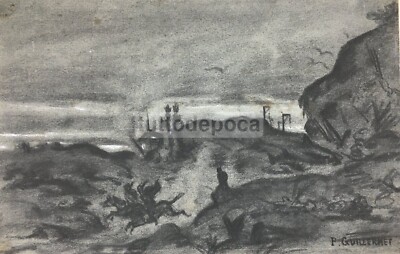 Veduta Paesaggistica Notturna Con Figure E Impiccagioni, Artista Simbolista P. Guillermet