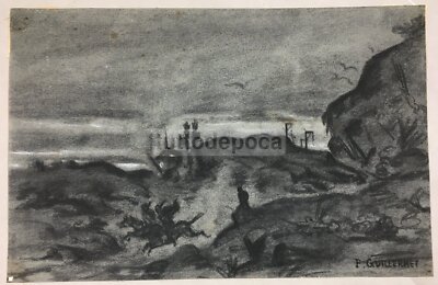 Veduta Paesaggistica Notturna Con Figure E Impiccagioni, Artista Simbolista P. Guillermet