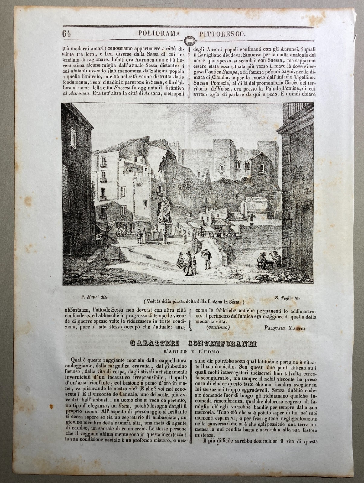 Sessa Aurunca: Antica Veduta Litografica Di Piazza Della Fontana