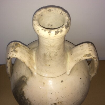 Ceramica Popolare Tradizionale: Anfora Smaltata Bianca Da Collezione Decorativa