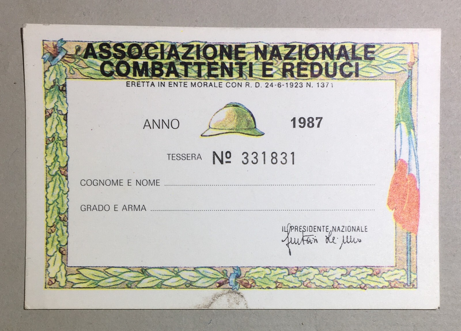 Militaria: Tessera Associativa Associazione Nazionale Combattenti E Reduci, 1987