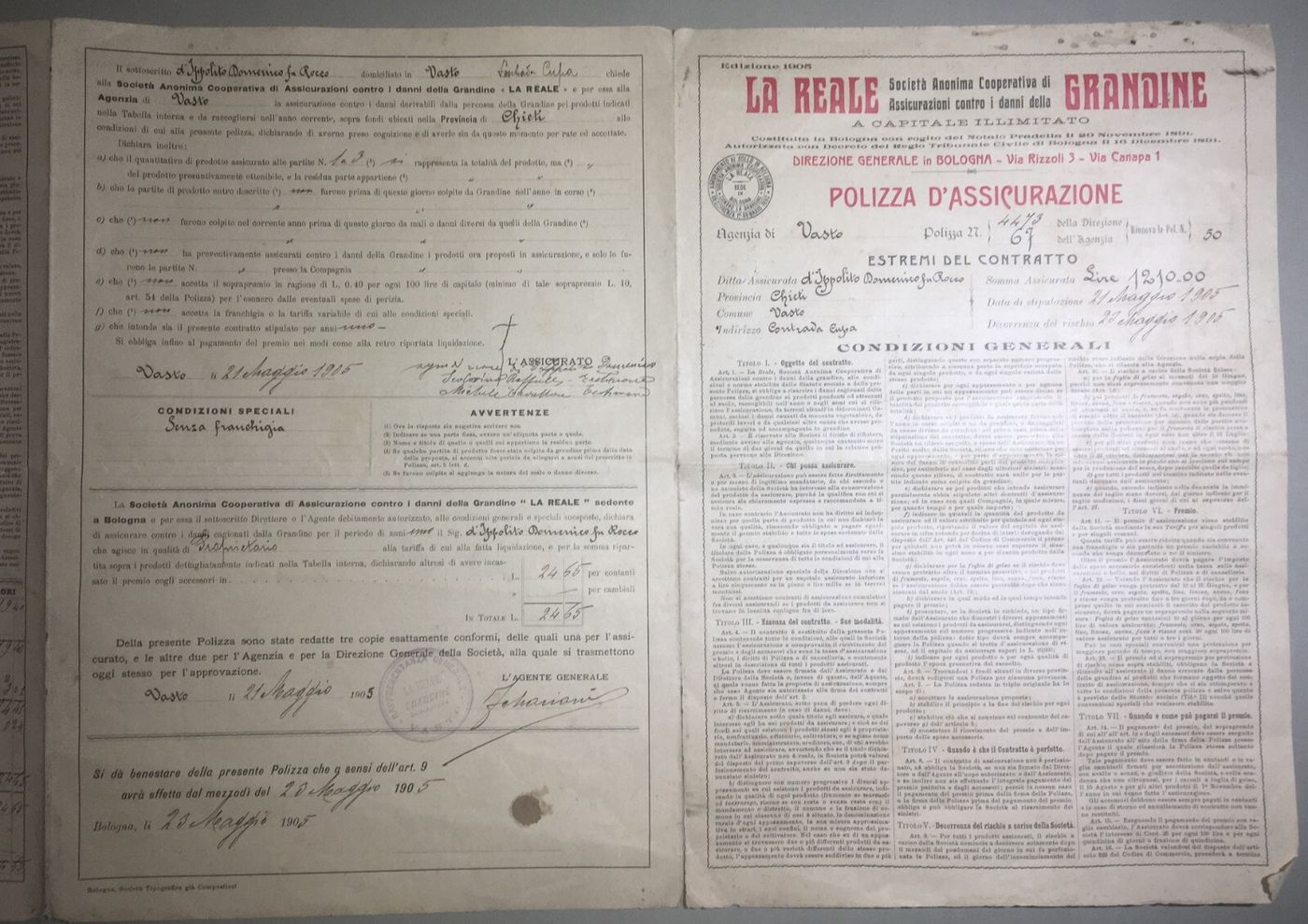 Polizza Di Assicurazione Agraria Reale Grandine, Vasto (Abruzzo), 1905