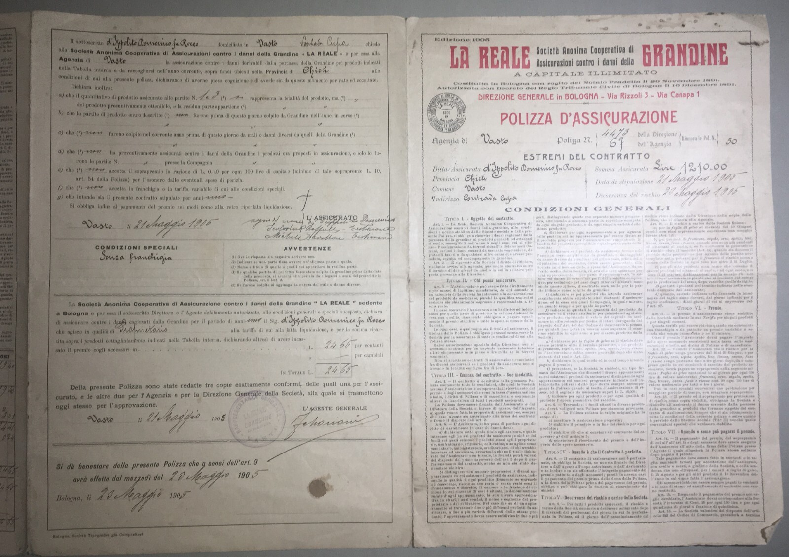 Polizza Di Assicurazione Agraria Reale Grandine, Vasto (Abruzzo), 1905