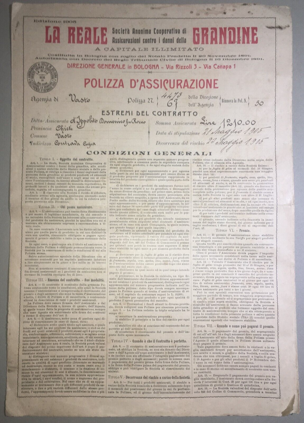 Polizza Di Assicurazione Agraria Reale Grandine, Vasto (Abruzzo), 1905