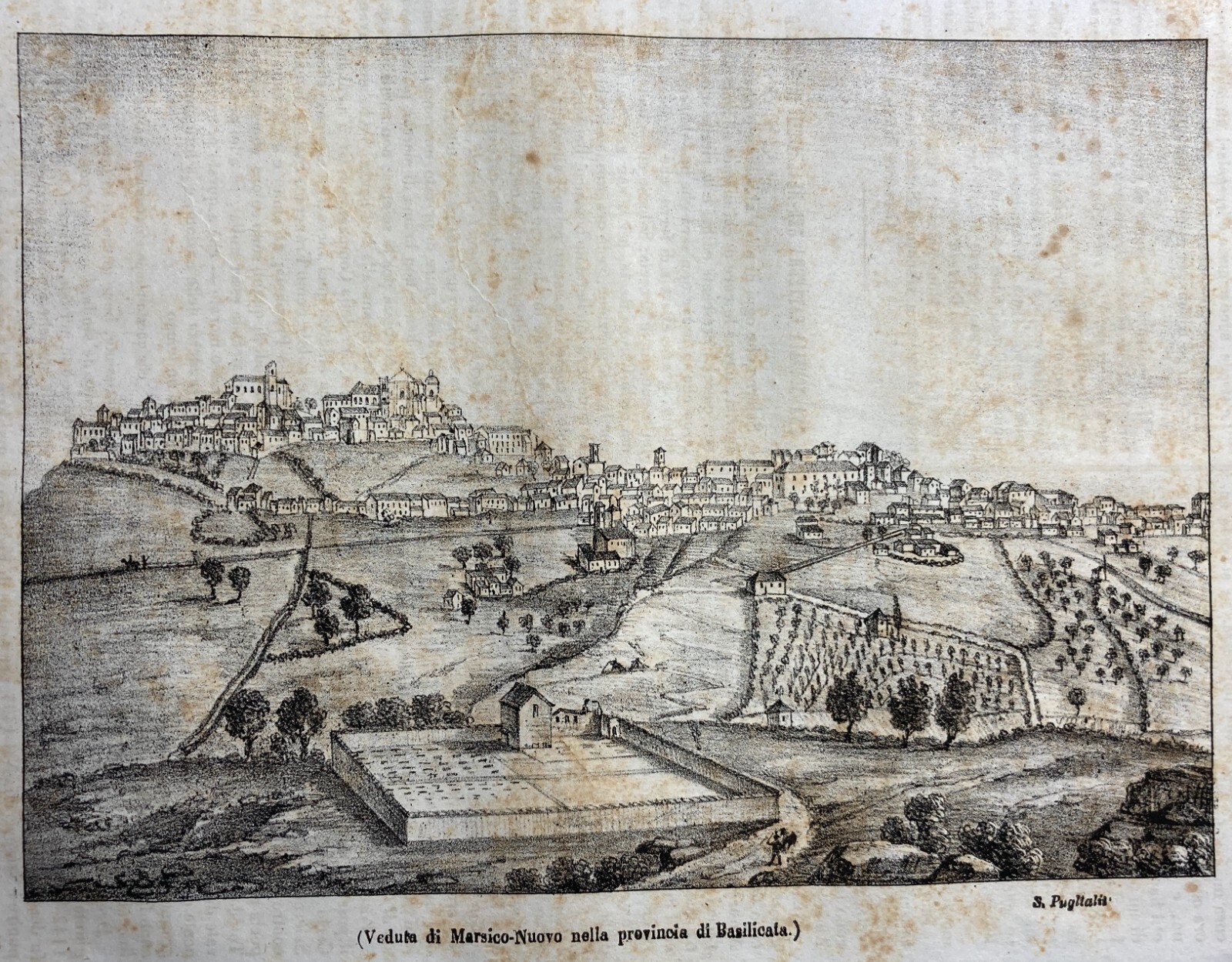 Basilicata, Lucania, Marsico Nuovo. Antica Veduta Panoramica Dell'Artista S. Puglia. Litografia, 1844