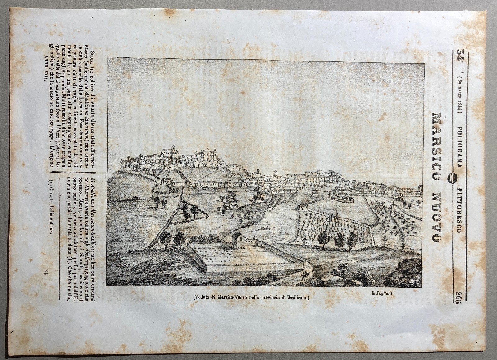 Basilicata, Lucania, Marsico Nuovo. Antica Veduta Panoramica Dell'Artista S. Puglia. Litografia, 1844