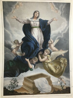 Arte Popolare Devozionale: L'Assunzione Della Vergine Con Angeli. Antica Litografia Turgis & Casse Frères, XIX Secolo