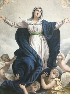 Arte Popolare Devozionale: L'Assunzione Della Vergine Con Angeli. Antica Litografia Turgis & Casse Frères, XIX Secolo