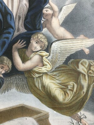 Arte Popolare Devozionale: L'Assunzione Della Vergine Con Angeli. Antica Litografia Turgis & Casse Frères, XIX Secolo