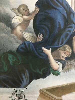 Arte Popolare Devozionale: L'Assunzione Della Vergine Con Angeli. Antica Litografia Turgis & Casse Frères, XIX Secolo