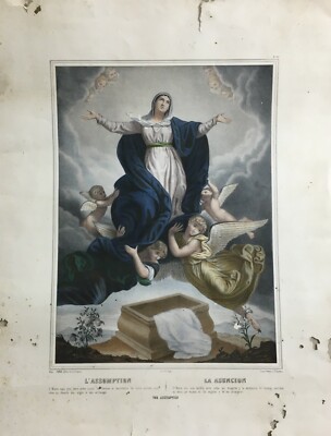 Arte Popolare Devozionale: L'Assunzione Della Vergine Con Angeli. Antica Litografia Turgis & Casse Frères, XIX Secolo