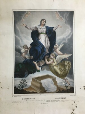 Arte Popolare Devozionale: L'Assunzione Della Vergine Con Angeli. Antica Litografia Turgis & Casse Frères, XIX Secolo
